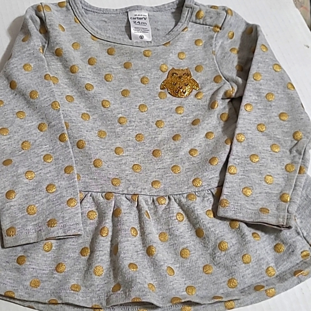 Carters Dress Screenprint gold on grey, size 24m, ruffle on bottom